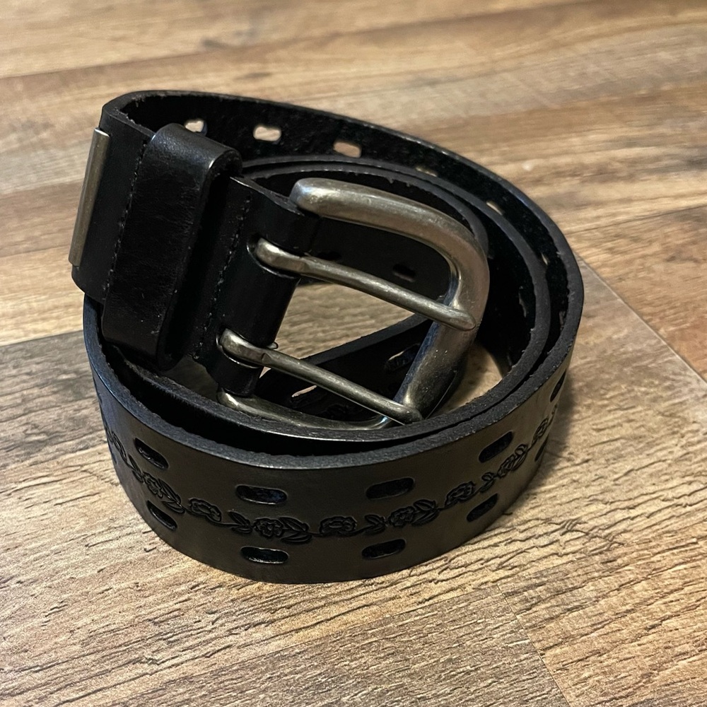 Vintage Fossil Black Leather Belt Sz M | Floral Embossed | Genuine Leather